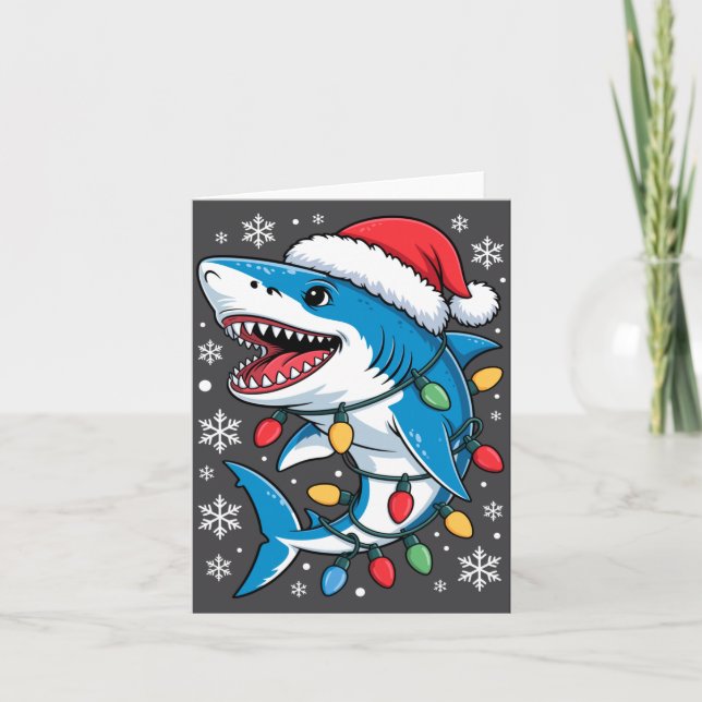 Christmas Shark Santa Hat Wrapped Lights Holiday S Card (Front)