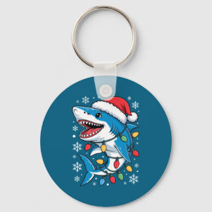 Christmas Shark Santa Hat Wrapped Lights Holiday S Key Ring