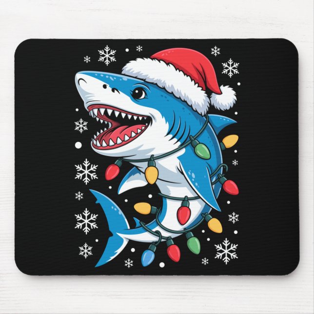 Christmas Shark Santa Hat Wrapped Lights Holiday S Mouse Pad (Front)