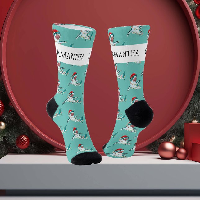 Christmas Shark Santa Jaws Personalised name Socks (Creator Uploaded)