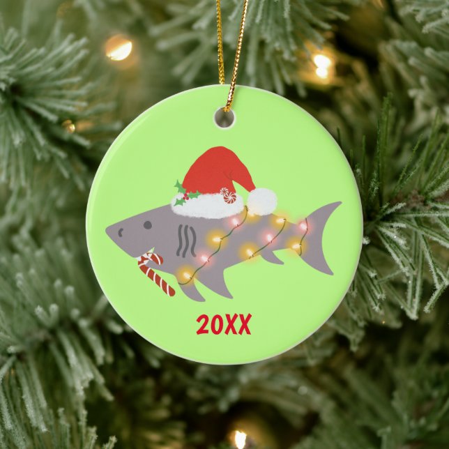 Christmas Shark with Lights and Candycane Ceramic Ornament (Tree)