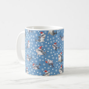 Christmas Sharks & Snowflakes on Blue Coffee Mug
