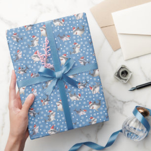 Christmas Sharks & Snowflakes on Blue Wrapping Paper