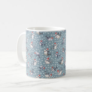 Christmas Sharks & Snowflakes on Light Gray-Blue Coffee Mug