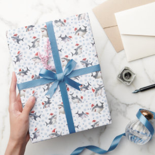 Christmas Sharks & Snowflakes on White Wrapping Paper
