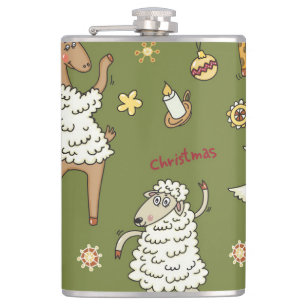 Christmas Sheep: Animal Vintage Illustration. Hip Flask