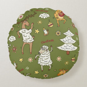 Christmas Sheep: Animal Vintage Illustration. Round Cushion