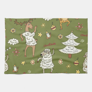 Christmas Sheep: Animal Vintage Illustration. Tea Towel