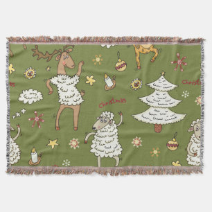 Christmas Sheep: Animal Vintage Illustration. Throw Blanket