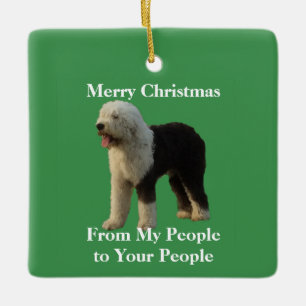 Christmas Sheepdog with Holiday Message Ceramic Tree Decoration