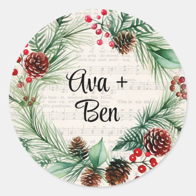 Christmas Sheet Music Red Berry Wreath Wedding  Classic Round Sticker (Front)