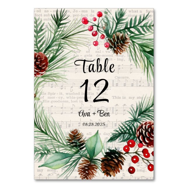 Christmas Sheet Music Red Berry Wreath Wedding  Table Number (Front)