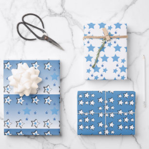 Christmas Sheets Wrapping Paper White Blue Stars 