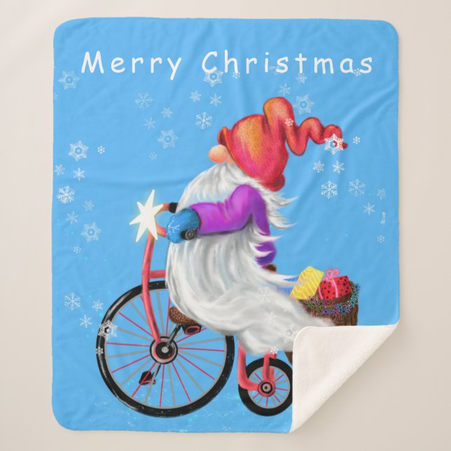 Christmas Sherpa Blanket Gnome with Bike and Gifts (Front)