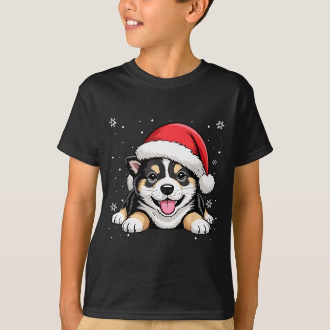 Christmas Shiba Inu Dog Wearing Santa Hat Pet Anim T-Shirt (Front)