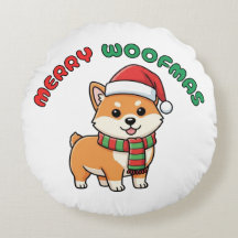 Christmas Shiba Inu Round Pillow: Merry Woofmas