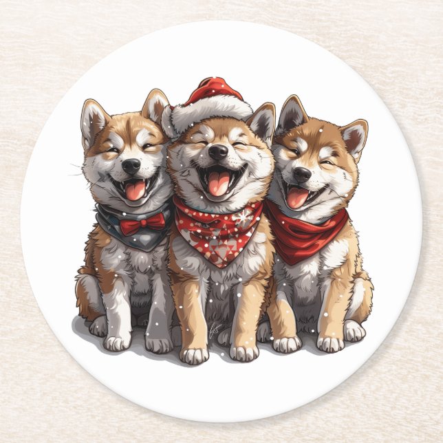 Christmas Shiba Inu Santa Dogs Round Paper Coaster (Front)