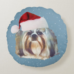 Christmas, Shih Tzu Dog, Santa Hat Round Cushion