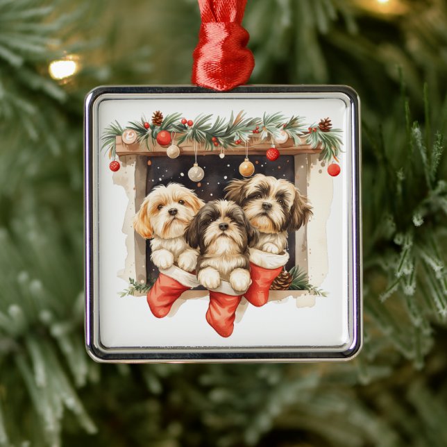 Christmas Shih Tzu Dogs Metal Ornament (Tree)