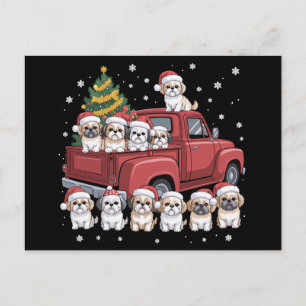 Christmas Shih Tzu Dogs Red Truck Santa Hat Tree Holiday Postcard