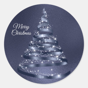 Christmas Shiny Blue Ribbon Tree Sparkle Classic Round Sticker