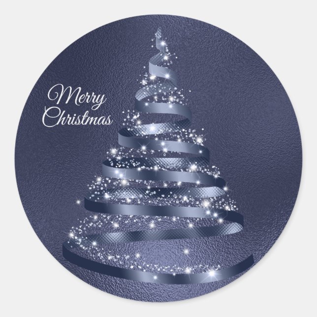 Christmas Shiny Blue Ribbon Tree Sparkle Classic Round Sticker (Front)
