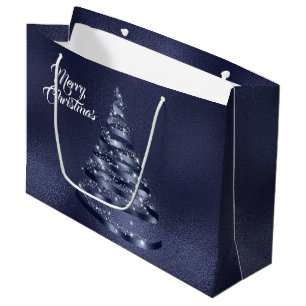 Christmas Shiny Blue Ribbon Tree Sparkle Large Gift Bag