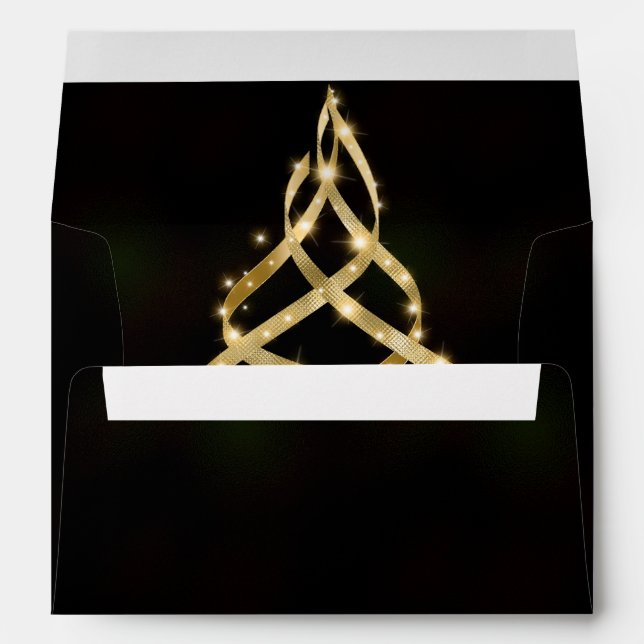 Christmas Shiny Golden Ribbon Tree Sparkle Black Envelope (Back (Bottom))