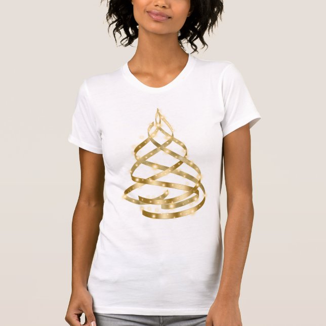 Christmas Shiny Golden Ribbon Tree Sparkle T-Shirt (Front)