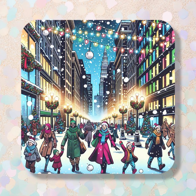 Christmas Shopping in the City on a Snowy Day Square Sticker (Creator Uploaded)