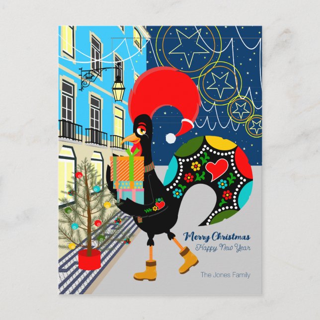Christmas shopping with the Portuguese Rooster Holiday Postcard (Front)