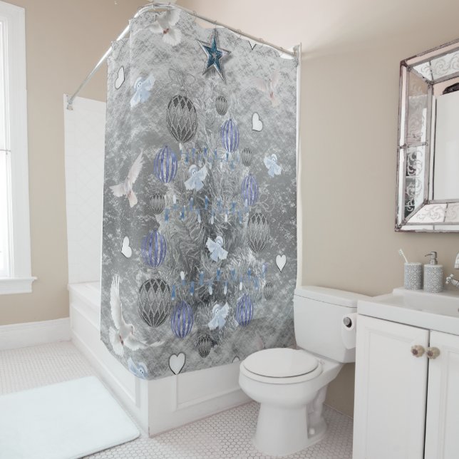 Christmas Shower Curtain, Blue Silver Tree Curtain (In Situ)