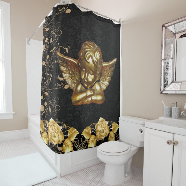 Christmas Shower Curtain, Gold Angel Shower Curtain (In Situ)