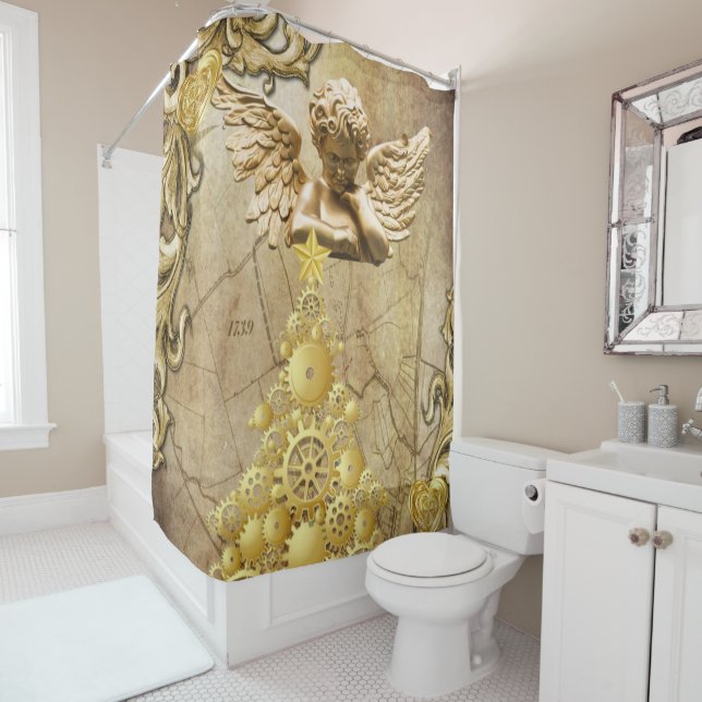 Christmas Shower Curtain, Gold Angel Shower Curtain (In Situ)