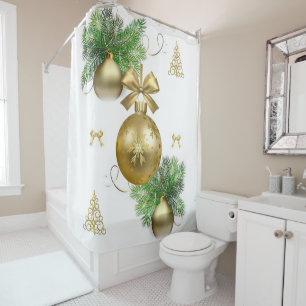 Christmas Shower Curtain, Gold Balls Shower Curtain