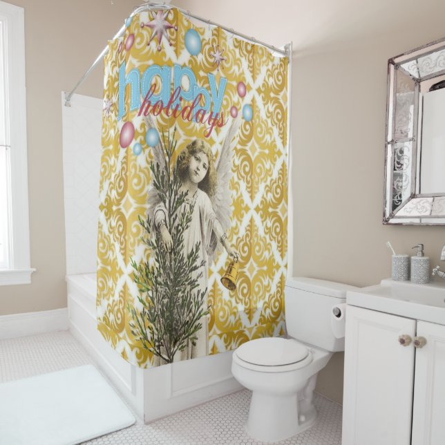 Christmas Shower Curtain, Happy Holidays Angel Shower Curtain (In Situ)