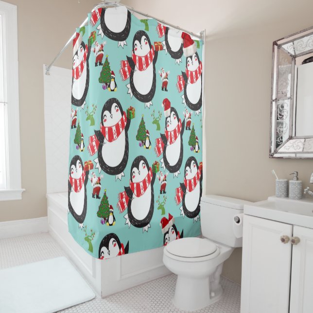 Christmas Shower Curtain, Penguin Shower Curtain (In Situ)