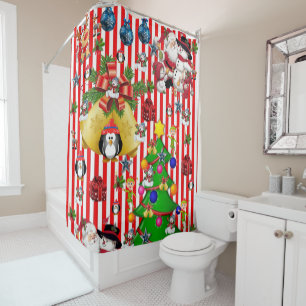 Christmas Shower Curtain, Penguin Stripe Shower Curtain