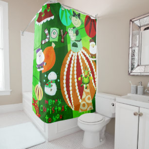 Christmas Shower Curtain, Red Green Stars Stripe  Shower Curtain