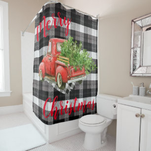 Christmas Shower Curtain Red XMAS Truck Plaid