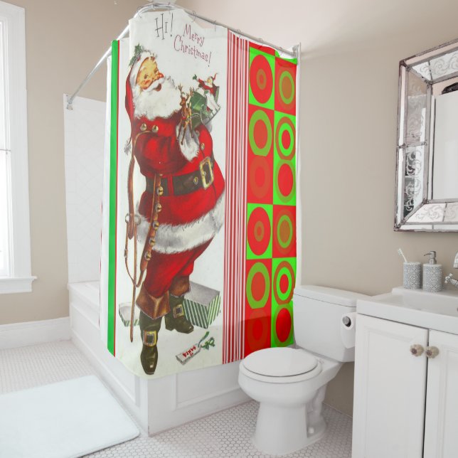 Christmas Shower Curtain, Santa Vintage Curtain (In Situ)