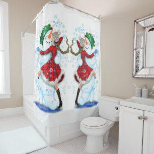 Christmas Shower Curtain Snowman and Girl Dance