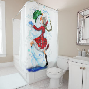 Christmas Shower Curtain Snowman and Girl Dancers