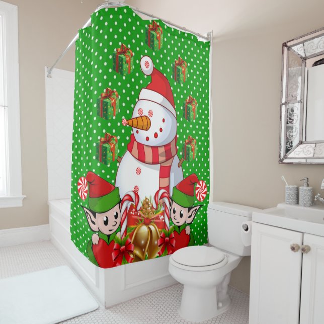 Christmas Shower Curtain, Snowman Elf Curtain (In Situ)