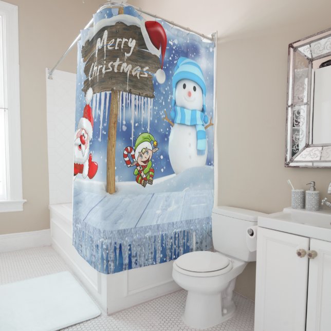 Christmas Shower Curtain, Snowman Shower Curtain (In Situ)