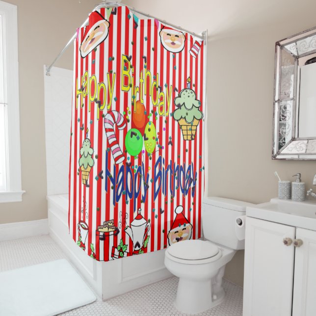 Christmas Shower Curtain, Stripe Happy Birthday Shower Curtain (In Situ)