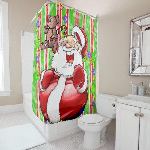 Christmas Shower Curtain, Stripe Teddy Bear Shower Curtain