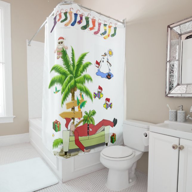 Christmas Shower Curtain, Summer Beach Bum Santa Shower Curtain (In Situ)