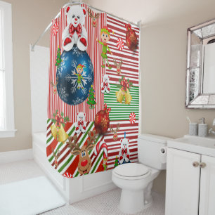 Christmas Shower Curtain, Teddy Bear Stripe Shower Curtain