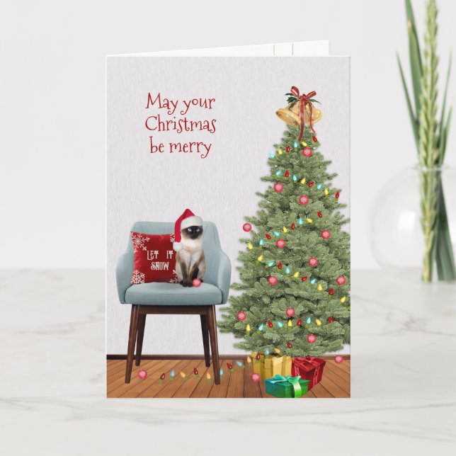 Christmas Siamese Cat and Tree  Holiday Card (Front)